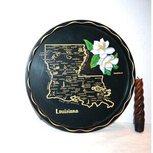 Vintage Louisiana Souvenir Metal Tray Kitschy Map & Magnolia